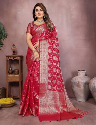 Red soft organza banarasi Art silk blend saree with zari weaving work 1