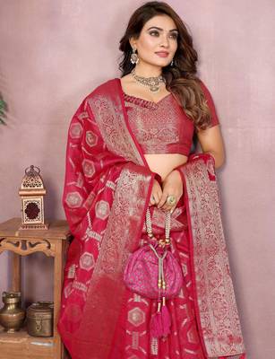 Red soft organza banarasi Art silk blend saree with zari weaving work 2
