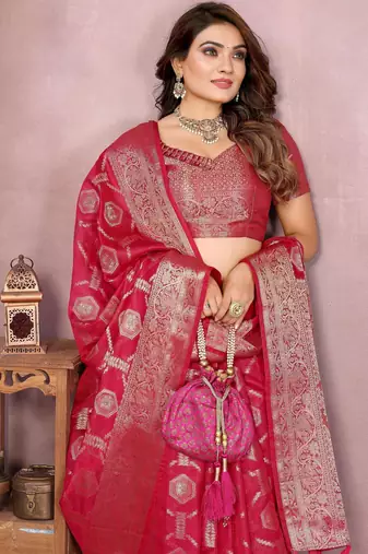Red soft organza banarasi Art silk blend saree with zari weaving work