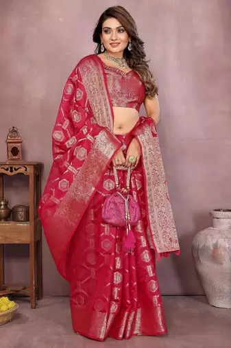 Red soft organza banarasi Art silk blend saree with zari weaving work