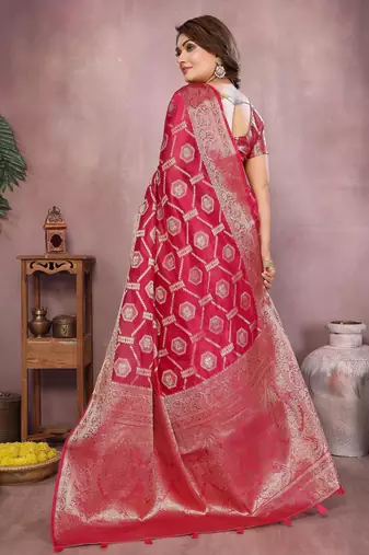 Red soft organza banarasi Art silk blend saree with zari weaving work