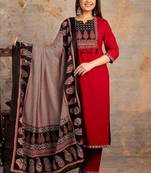 Maroon women floral printed aline kurta pant with dupatta set