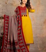 Mustard women floral printed aline kurta pant with dupatta set