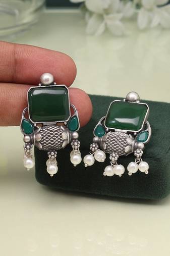 Radiant green color oxidised earrings with a contemporary ethnic touch