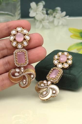 Pink color american diamond earrings in floral style for wedding wear