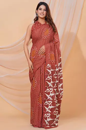 Red hand block discharge print cotton saree with blouse