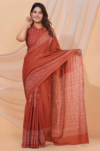 Peach hand block discharge print cotton saree with blouse