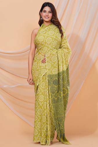 Light green hand block discharge print cotton saree with blouse