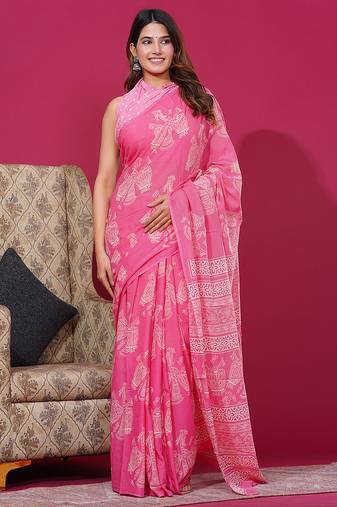 Light pink hand block discharge print cotton saree with blouse