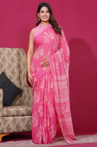 Light pink hand block discharge print cotton saree with blouse