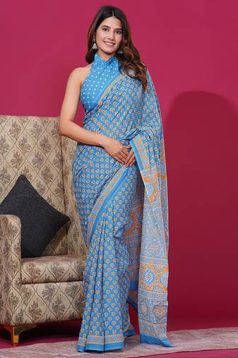 Sky blue hand block discharge print cotton saree with blouse