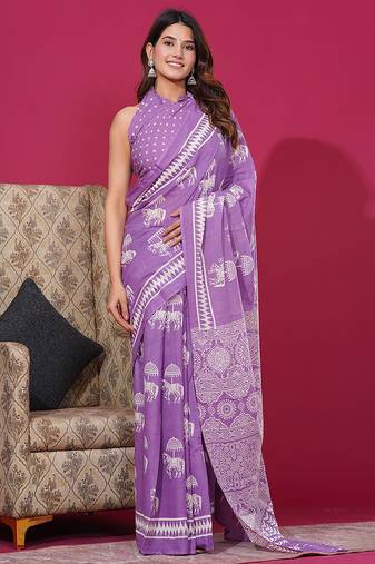 Light purple hand block discharge print cotton saree with blouse