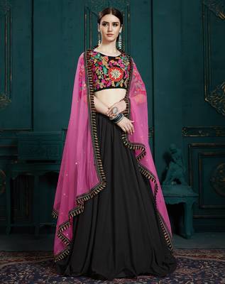 Women's Black sequins and thread embroidered georgette festive & party wear semi stitched lehenga 1