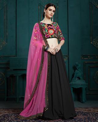 Women's Black sequins and thread embroidered georgette festive & party wear semi stitched lehenga 3