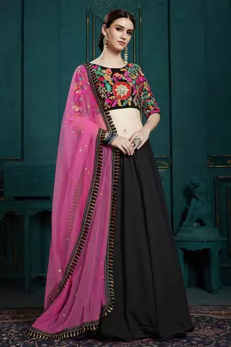 Women's Black sequins and thread embroidered georgette festive & party wear semi stitched lehenga