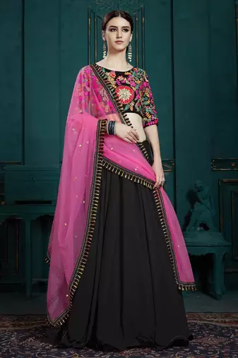 Women's Black sequins and thread embroidered georgette festive & party wear semi stitched lehenga