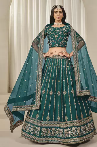 Embroidered Teal Art silk blend Lehenga Choli