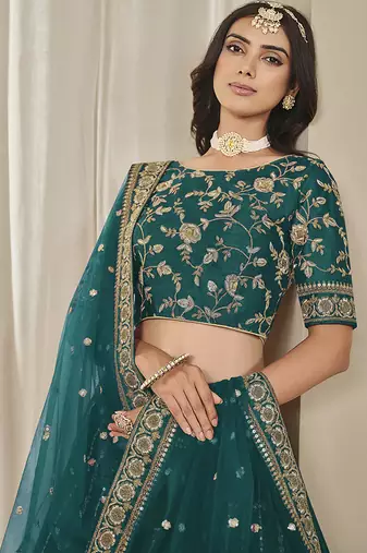Embroidered Teal Art silk blend Lehenga Choli
