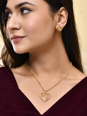 Gold-plated stones studded heart pendant necklace & earring set 1