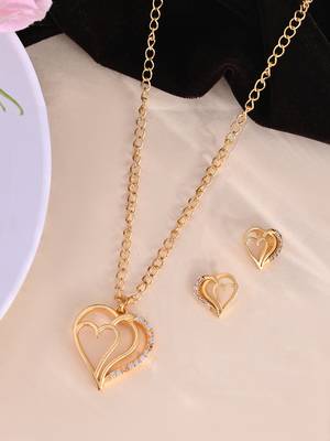 Gold-plated stones studded heart pendant necklace & earring set 2