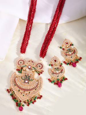 Gold-plated beaded necklace set gold pendant & matching earrings 2