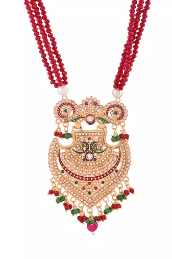 Gold-plated beaded necklace set gold pendant & matching earrings