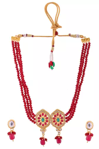 Gold-plated stone-studded & beaded jewellery set