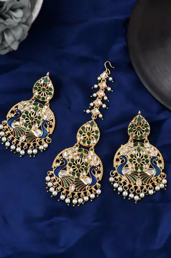 Gold plated & green meenakari peacock design maang tikka with earrings