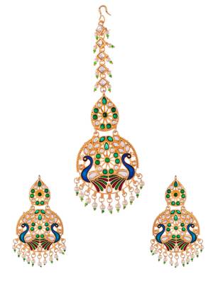 Gold plated & green meenakari peacock design maang tikka with earrings 3