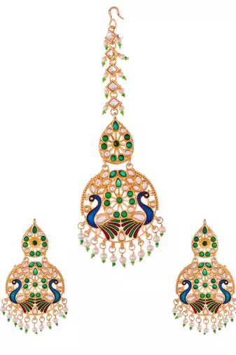 Gold plated & green meenakari peacock design maang tikka with earrings
