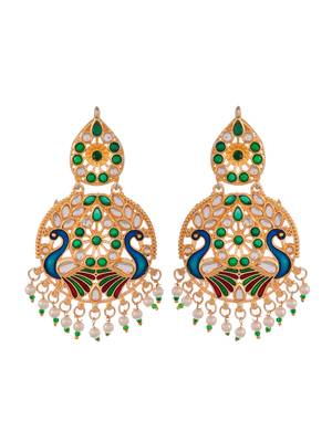 Gold plated & green meenakari peacock design maang tikka with earrings 4
