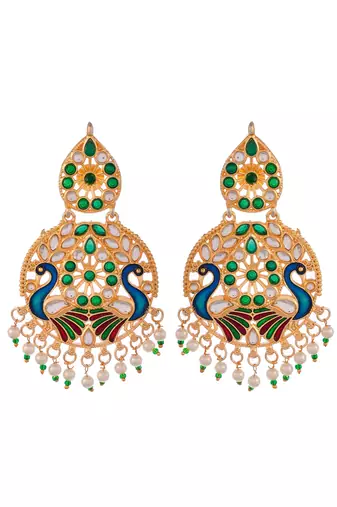 Gold plated & green meenakari peacock design maang tikka with earrings