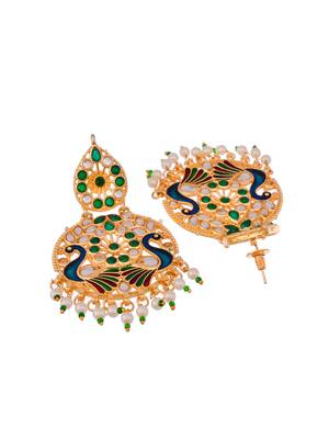 Gold plated & green meenakari peacock design maang tikka with earrings 5
