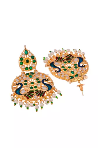 Gold plated & green meenakari peacock design maang tikka with earrings