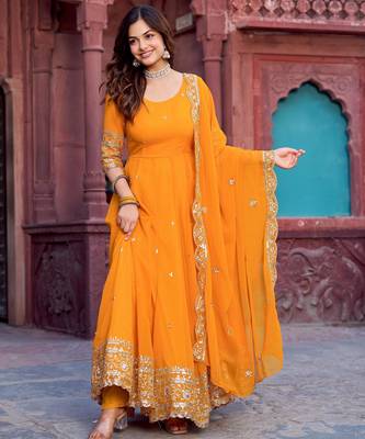 Yellow sequin embroidered Georgette Anarkali Suit 1