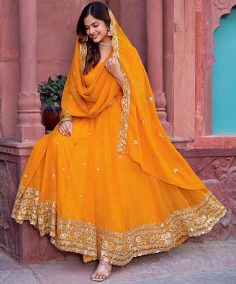 Yellow sequin embroidered Georgette Anarkali Suit 3