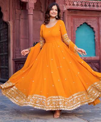 Yellow sequin embroidered Georgette Anarkali Suit 4