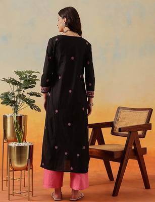 hand embroidered black cotton lucknowi chikankari straight long kurta 2