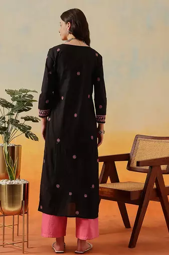 hand embroidered black cotton lucknowi chikankari straight long kurta