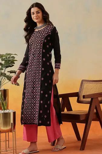 hand embroidered black cotton lucknowi chikankari straight long kurta
