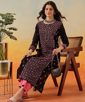 hand embroidered black cotton lucknowi chikankari straight long kurta 4