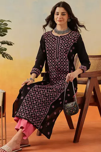 hand embroidered black cotton lucknowi chikankari straight long kurta