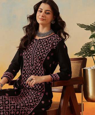 hand embroidered black cotton lucknowi chikankari straight long kurta 5