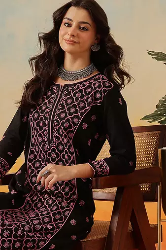 hand embroidered black cotton lucknowi chikankari straight long kurta