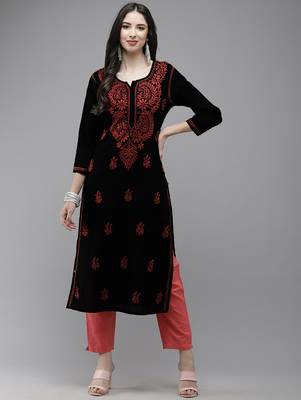 hand embroidered black cotton lucknowi chikankari straight kurta 1