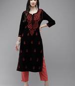 hand embroidered black cotton lucknowi chikankari straight kurta