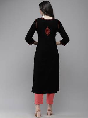 hand embroidered black cotton lucknowi chikankari straight kurta 2