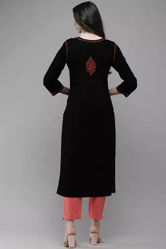 hand embroidered black cotton lucknowi chikankari straight kurta