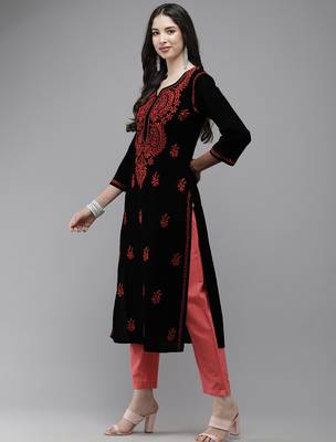 hand embroidered black cotton lucknowi chikankari straight kurta 3