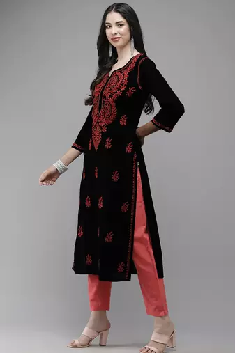 hand embroidered black cotton lucknowi chikankari straight kurta